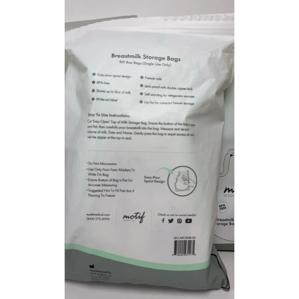 motif Breastmilk Storage Bags 300 Count BPA-Free Leak Proof Freezer Safe Pouch